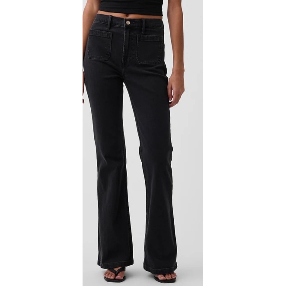 Gap Womens 70s Flare High Rise Jeans Black Patch Pockets Size‎ 4 Short